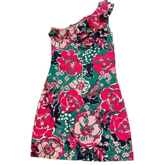 Lilly Pulitzer Womens Whinnie Dress S Emerald Green Floral One Shoulder Mini - Picture 1 of 7